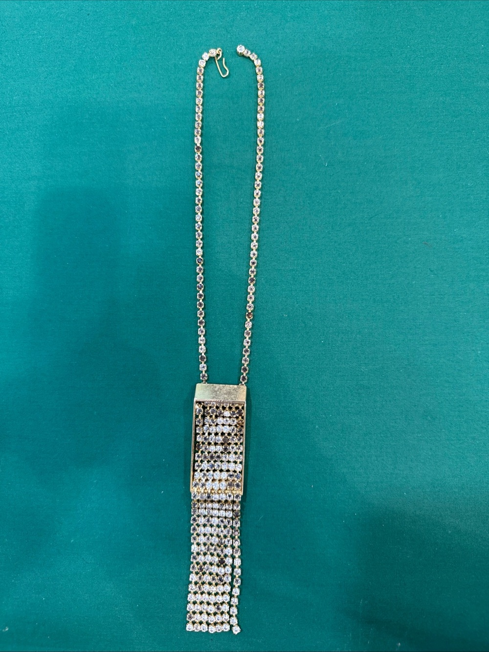 Goldtone Rhinestone Tassel Necklace W/Wide Jeweled Connector Bar 119D